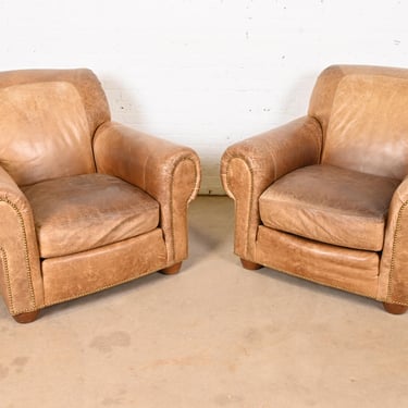Ralph Lauren Art Deco Leather Lounge Chairs, Pair