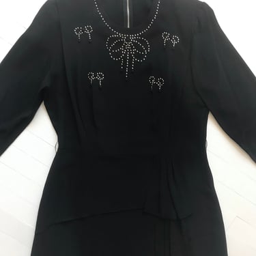 1940s Black Crepe Rayon Studded Bow Dress 