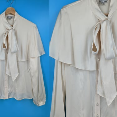 Vintage 90s White Silk Pearl Button Long Sleeve Pussy Bow Capelet Blouse - Nineties Size 8 Button Up Blouse 