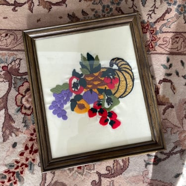 Mandela effect, kitchy vintage cornucopia & fruit embroidered sampler | framed hand embroidery, colorful 