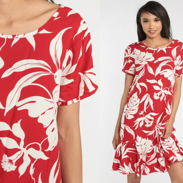 Hawaiian Mini Dress 90s Red Tropical Dress Floral Tiered Ruffle Flounce Short Sleeve Drop Waist Leaf Print Summer Day Vintage 1990s Medium M 