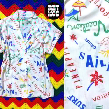 Pop Art Vacation Words Novelty Print Vintage 70s 80s Cotton Button Down Blouse 