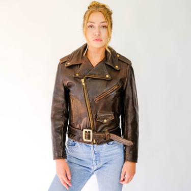 Vintage 60s LESCO Brown Leather Motorcycle Jacket w/ Brass Talon Zippers | 100% Genuine Leather | 1960s 1970s Designer Biker Leather Jacket 