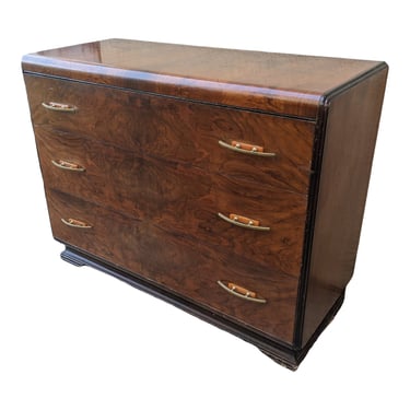 COMING SOON - Vintage Art Deco Waterfall Burlwood Book Matched Veneer Front 3 Drawer Dresser Chest of Drawers