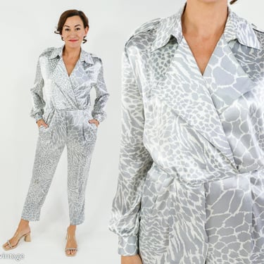 1980s Giraffe Print Silver Jumpsuit | 80s Silver Jumpsuit | Caron | Medium 