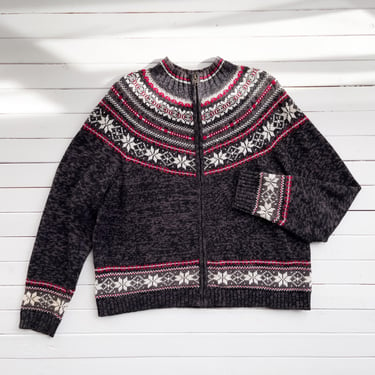 Christmas sweater 90s vintage Heirloom Collectibles snowflake gray red Fair Isle cardigan 