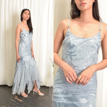 Vintage 1990s Dress / 90s Diane Freis Ruffled Silk Gown / Baby Blue ( XS S M ) 