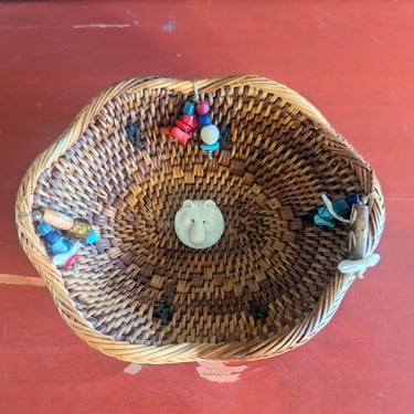 Handwoven Grass Basket with Carved Bone Wolf Fetish and Bead Embellishments 