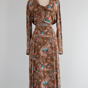 Rare 1940's Novelty Rayon Dress With Horses and Dancers / ML
