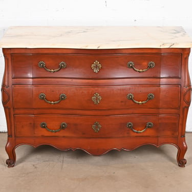 John Widdicomb French Provincial Louis XV Cherry Wood Marble Top Commode or Chest of Drawers