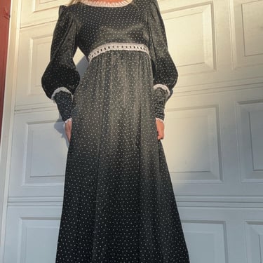 Vintage 1970s Star Print Prairie Dress Gunne Sax Style Black White Extra Small by TimeBa