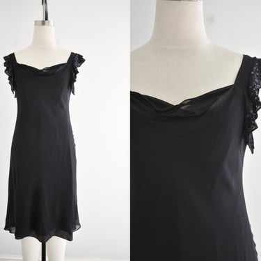 1990s Black Silk Chiffon Dress with Sequin Flutter Sleeves 