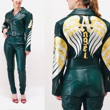 Vintage Leather Motorcycle Jacket and Pants by North Beach Michael Hoban// Vintage Green Gold Metallic Leather Moto Angel Wings Leather Suit 