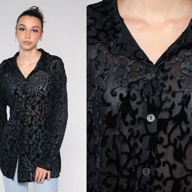 Black Velvet Burnout Blouse 90s Floral Cut Out Sheer Shirt Long Sleeve Button Up Top Gothic Party Formal Witchy Vintage 1990s Extra Large xl 