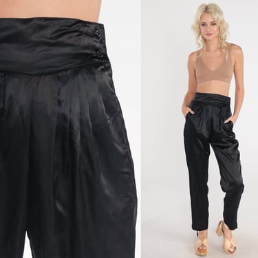Black Satin Trousers 80s Pleated Pants Shiny High Waisted Tapered Leg Slacks Office Chic Professional Paper Bag Vintage 1980s Extra Small xs 