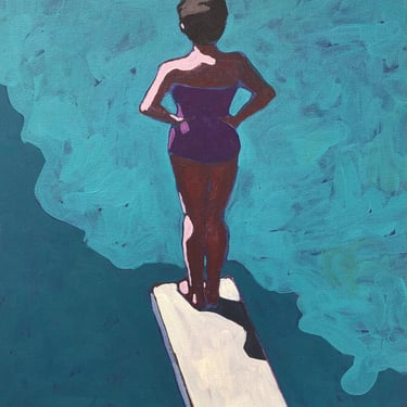 Woman on Diving Board #8 - Original Acrylic Painting on Canvas 16 x 20, blue, outside, summer, michael van, square, water, retro, sunlit 