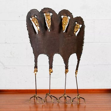 Mid Century Modern Abstract Metal Birds Crows Sculpture Iron Gold Folk Art 60s