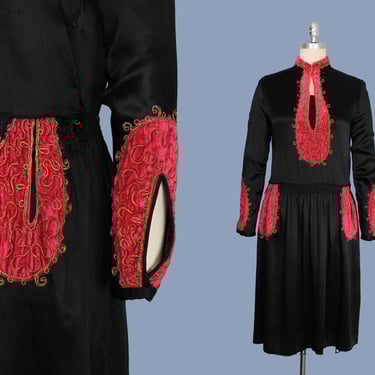 1920s Dress / 20s Black Satin and HOT PINK Velvet Gold Embroidered Cutout Dress / Pockets! 