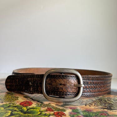 Vintage 90s Brown Weaved Tooled USA Made Full Grain Genuine Leather Belt - L 