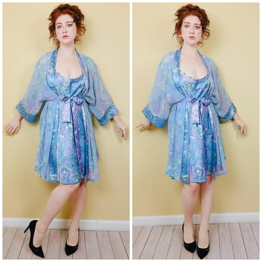 Y2K Delicates Psychedelic Blue Floral Print Robe Set / Volup Silky Slip Dress and Chiffon Robe / XL 