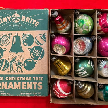 shiny brite ornaments vintage mercury glass Christmas balls 1950s one dozen bells indents mica 