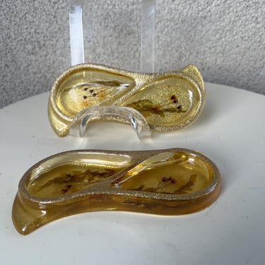 Vintage Yellow Resin Trinket Tray Or Spoon Rest Floral Theme Set 2 