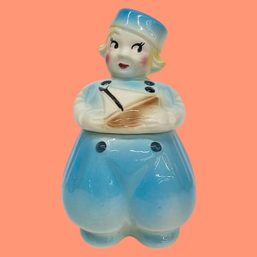 Vintage American Bisque Cookie Jar Retro 1940s Farmhouse + Sailor Dutch Boy in Blue + Ceramic + Kitchen Storage + Decoration + Home Decor 