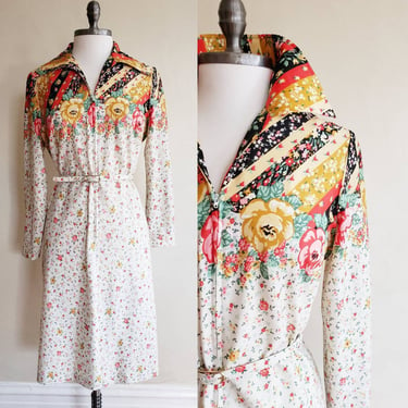1970s Long Sleeved Print Dress Zipper Closure / 70s Floral Print Belted Day Dress / L /Hugheline 