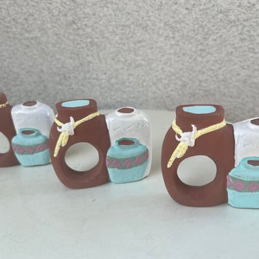Vintage set 3 napkin rings ceramic Southwest pots theme 