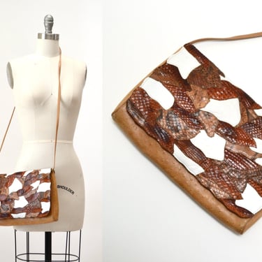 70s 80s Vintage Brown Leather patchwork Bag By Carlos Falchi Clutch Purse Handbag Brown Snakeskin Python Reptile Patchwork Ostrich Leather 
