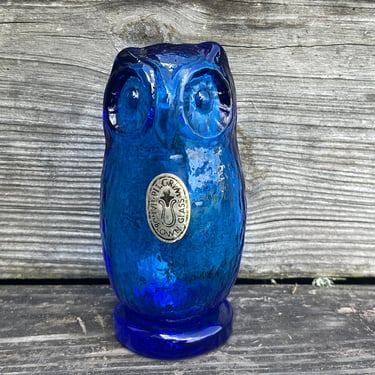 vintage glass owl 1970s Pilgrim blue glass owl figurine paperweight 
