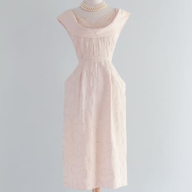 Glamorous 1950's Blush Wiggle Dress With Soutache & Side Pockets / Small