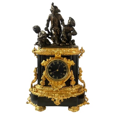 French Late 19th Century D'ore Bronze & Marble Clock by F. Dumouchel