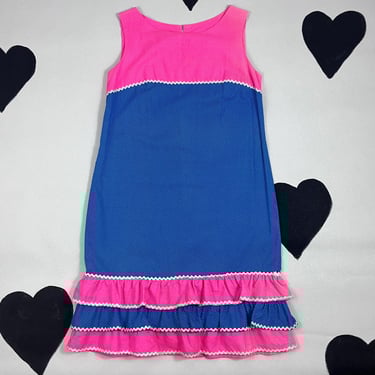 1960s neon cotton ruffle dress 60s girly polka dot pink blue sleeveless shift column drop waist ric rac camp kitschy clown Barbie dress M 