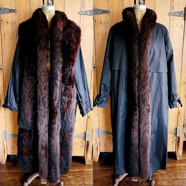 80s Neiman Marcus Fur Coat Brown Possum Reversible Black Trench 