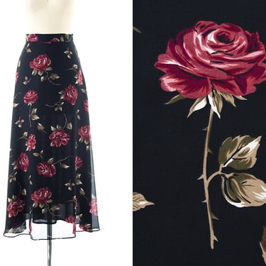 Vintage 1990s Skirt | 90s Red Rose Stems Print Black Rayon High Waisted Midi A-Line Skirt (small) 