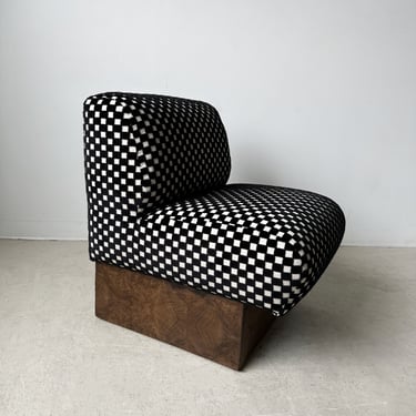 BLACK & WHITE CHECKERED VELVET ARMCHAIR WITH WALNUT BURL BASE
