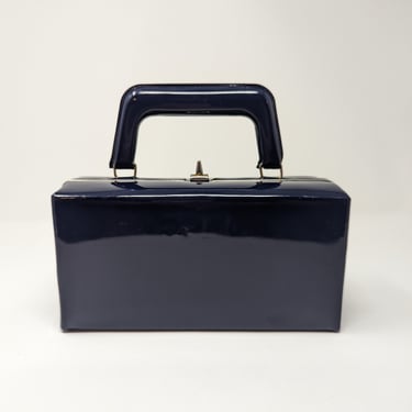 Vintage Sixties Mod Patent Shiny Box Purse - 60s Vinyl Blue Top Handle Purse 