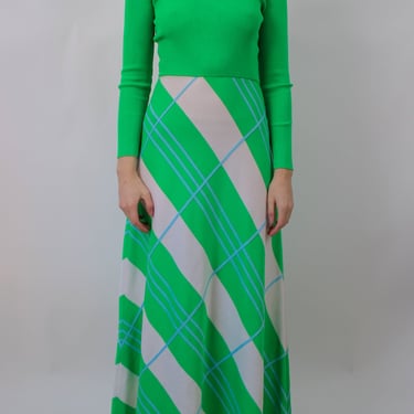 1970s Bright Green and White Knit Striped Maxi Dress