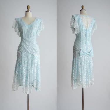 blue lace dress 80s vintage pastel ice blue kerchief hem midi dress 