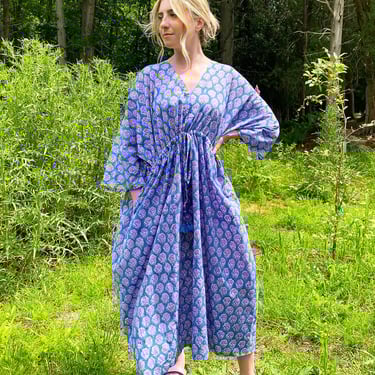 Block Print Kaftan Dress, Hand block printed caftan, Midi kaftan dress, one size kaftan, Wood blocked textiles, Caftan dress with tassels 