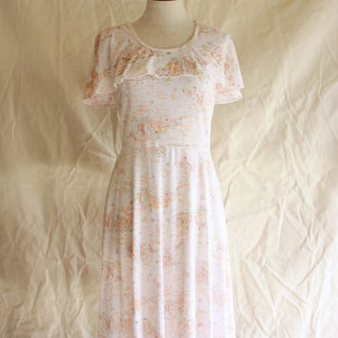 70s Butterfly and Fairy Print Jersey Dress Orange Yellow Pink Size S / M 