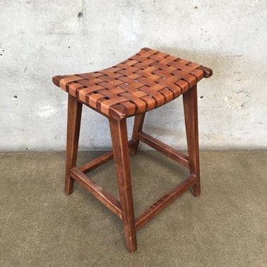 Wood & Woven Leather Backless Barstool