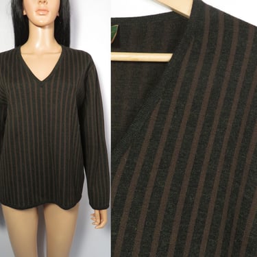 Vintage 40s/50s Unisex Brown And Gray Striped Wool V Neck Sweater Size M/L 