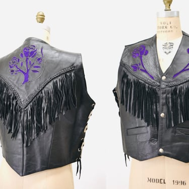 80s 90s Vintage Black Leather Fringe Vest Large PUprle Rose Fringe leather Vest Cowboy Cowgirl Rodeo Biker Festival Vest Large XL 