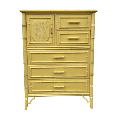 Faux Bamboo Highboy Dresser by Dixie Aloha - Vintage Yellow Hollywood Regency Palm Beach Coastal Chinoiserie Chest of Drawers Cabinet 