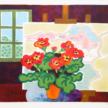 Guy Charon, Red Flowers with Painting Lithograph Signed ca 1977 