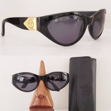 1990s Versace Sunglasses Medusa Head Goldwork + Case / 90s Black Gianni Versace Designer Shades / Donna 
