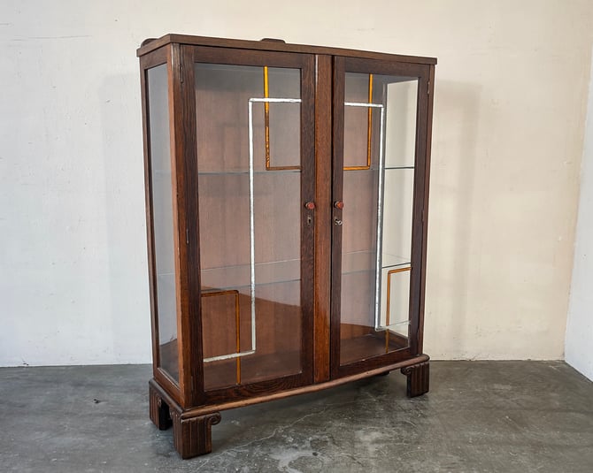 Art Deco Glass Display Cabinet Curio with Decorative Mirror Details 