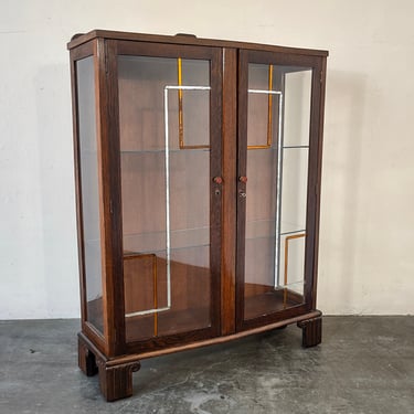 Art Deco Glass Display Cabinet Curio with Decorative Mirror Details 